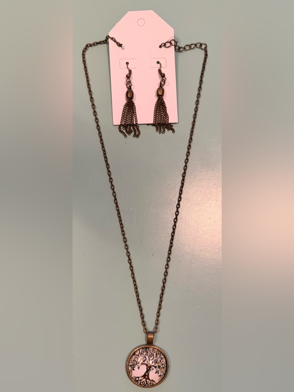 Antique Gold Tree of Life Necklace with Matching Chain Tassel Earrings Set